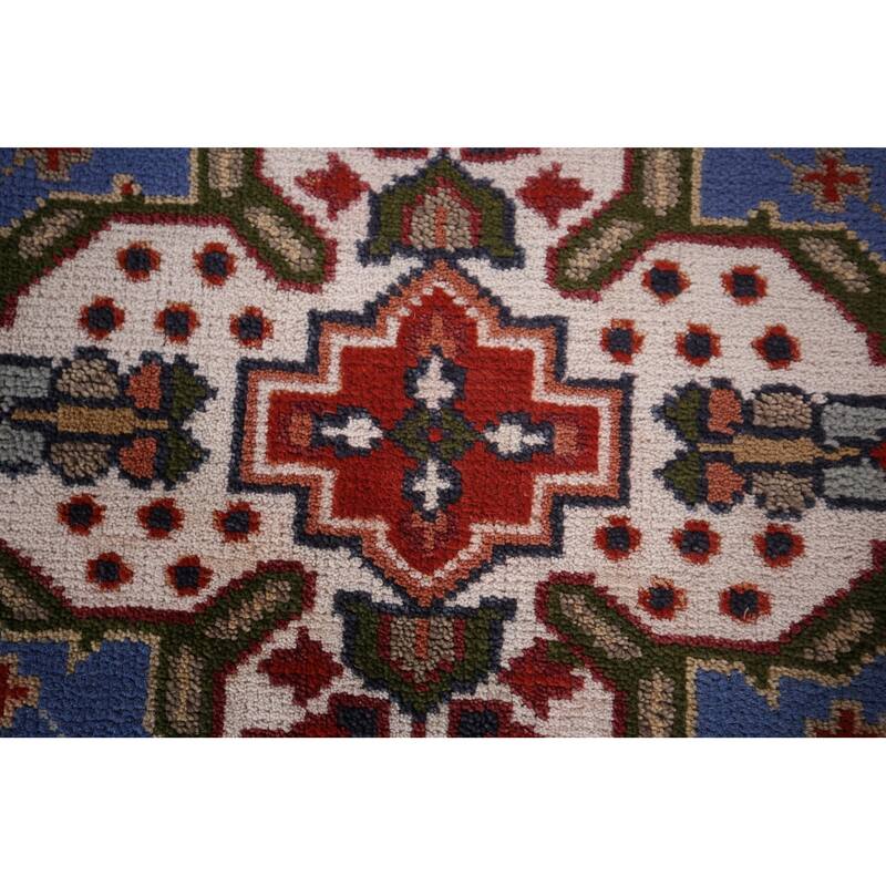 Geometric Blue Kazak Oriental Runner Rug Hand-Knotted Wool Carpet - 2'7"x 8'0"