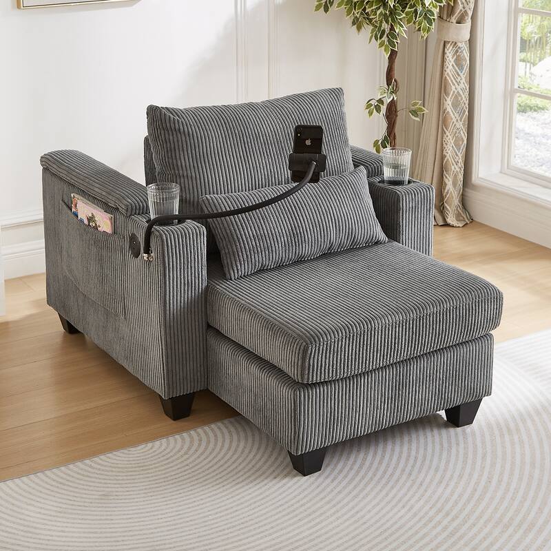 Convertible Chaise Lounge Sofa Chair Bed with USB Ports, Storage, Grey Corduroy