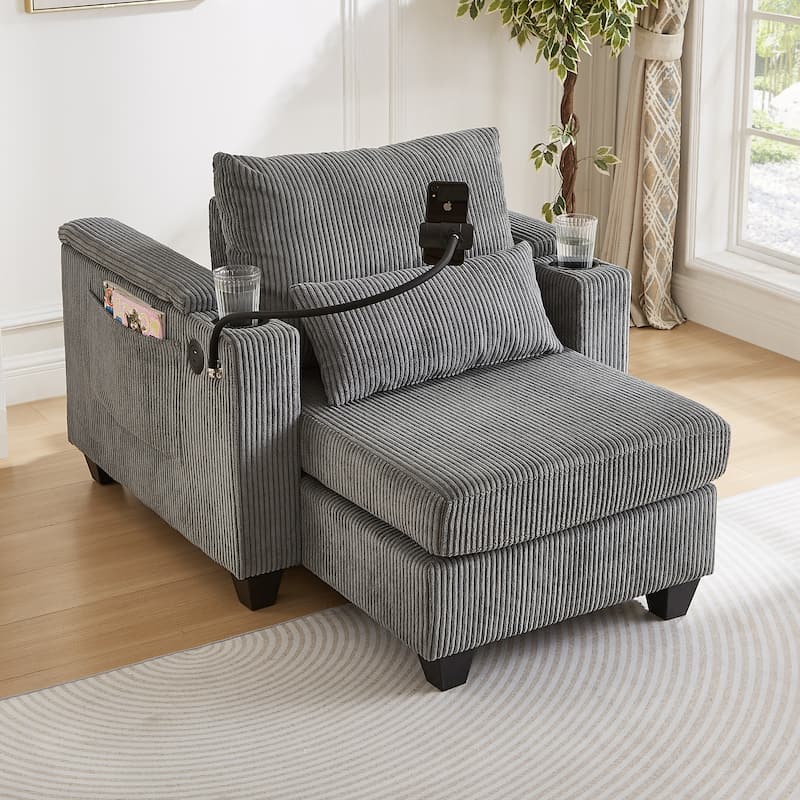 Convertible Chaise Lounge Sofa Chair with USB Ports, Storage 37.4" Corduroy Sleeper Sofa Bed with Adjustable Backrest