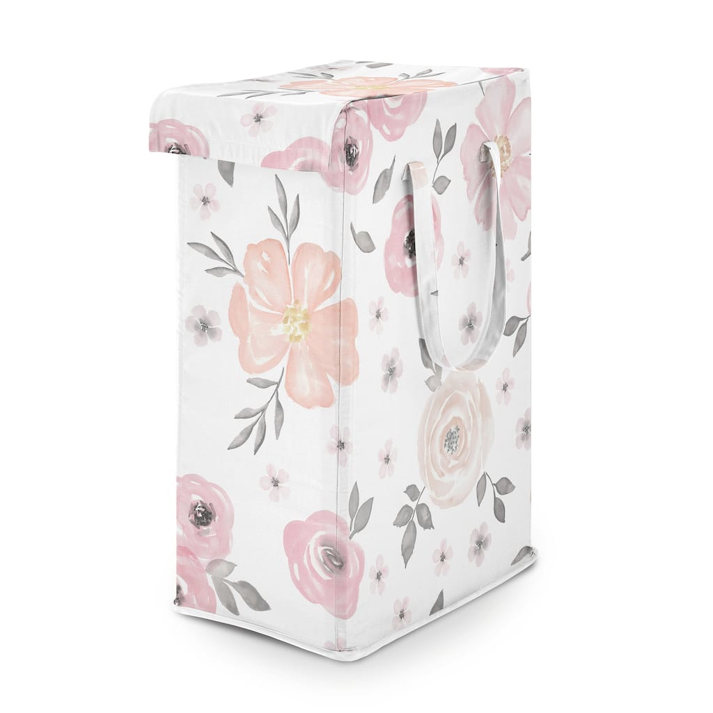 Sweet Jojo Designs Blush Pink Grey Boho Floral Girl Foldable Laundry Hamper with Handles Bohemian Farmhouse Shabby Watercolor