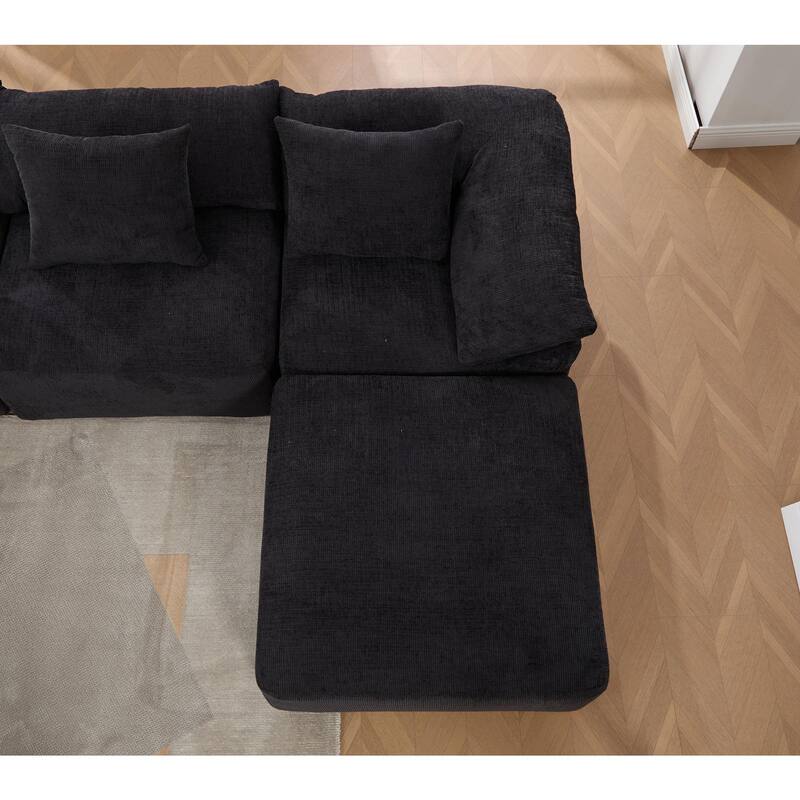 142" L Shaped Modular Sectional Sofa, 5 Piece Couch, Convertible Sleeper, Chenille, Black
