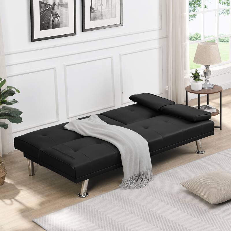 2-Seat Leather Sofa Bed with Armrests, Stainless Steel Legs, Wood Frame, Reclining Futon for Living Room, Office, Bedroom