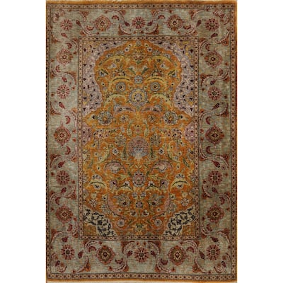Hand Knotted Traditional Silk Orange Floral Area Rug - 3' 3'' X 2' 5''