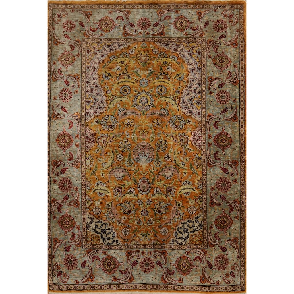 Hand Knotted Traditional Silk Orange Floral Area Rug - 3' 3'' X 2' 5''