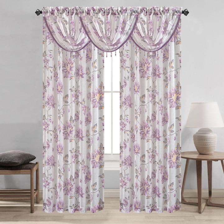 Anna Sheer Metallic Floral Rod Pocket Window Panel & Waterfall Valance, All Sold Separately - Valence - 48 x 37 inches - Purple