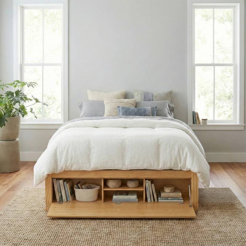 Queen Size Platform Bed Open Frame with Footboard Storage and 4 Drawers