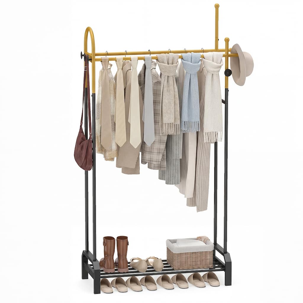 Gymax Double Rods Garment Rack for Hanging Clothes Freestanding