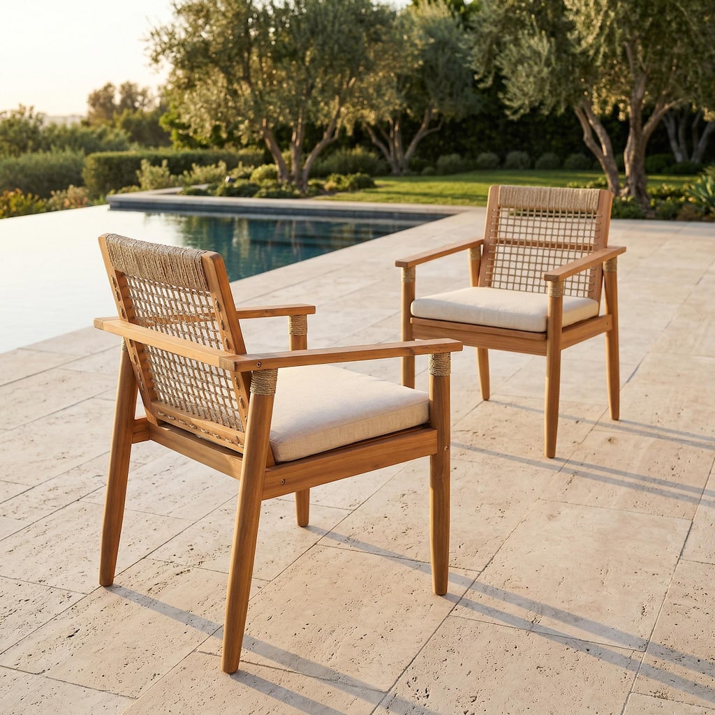 Outdoor Dining Chairs Set of 2,Acacia Wood Patio Armchair with Multi Brown Rope Design Back and Arms and Beige Washable Cushion