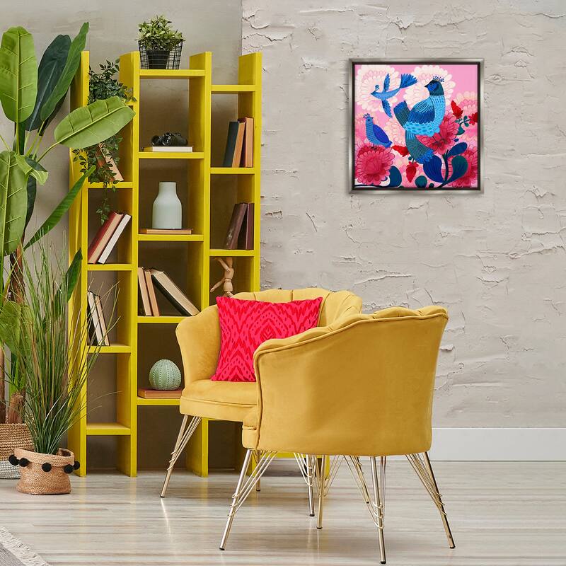 Stupell Folk Birds on Dahlias Framed Floater Canvas Wall Art Design By Kay Widdowson