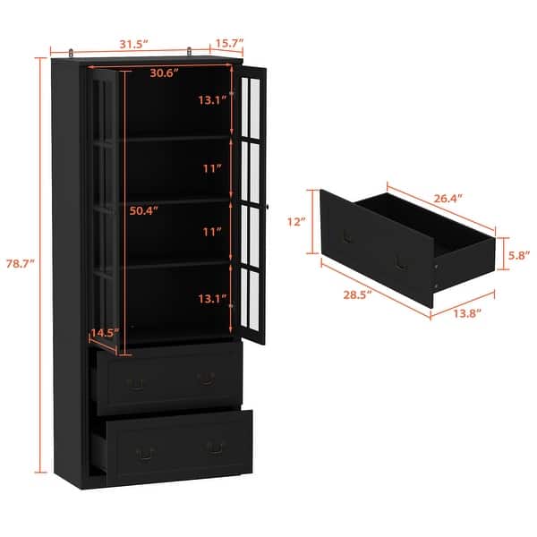 dimension image slide 5 of 10, Modular Glass Doors Display Cabinet Combo Bookcase Home Office Pantry