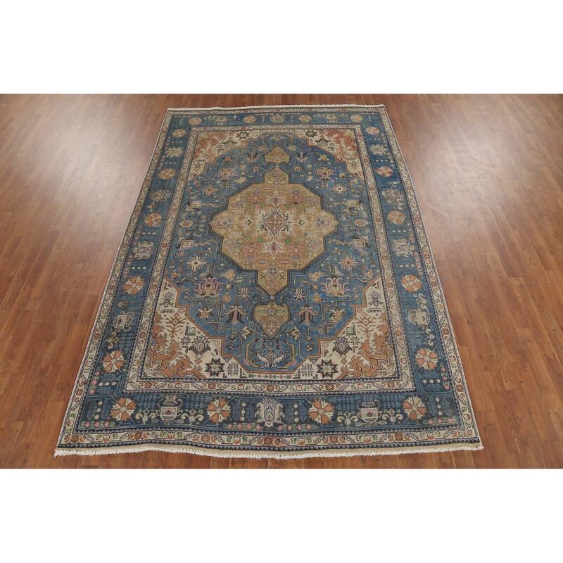 Geometric Blue Tabriz Persian Vintage Area Rug Handmade Wool Carpet - 6'6"x 9'8"