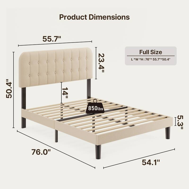 Full / Queen / King Bed Frame with Headboard, Upholstered Platform Bed with Sturdy Wooden Slats