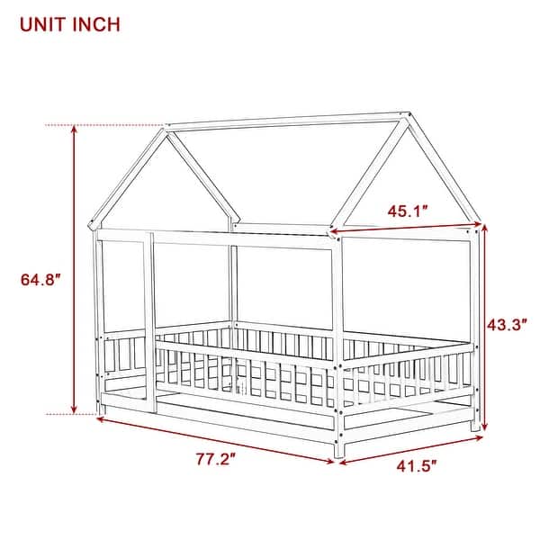 Twin Floor Bed with House Roof Frame, Safety Guardrails, and Fence Design