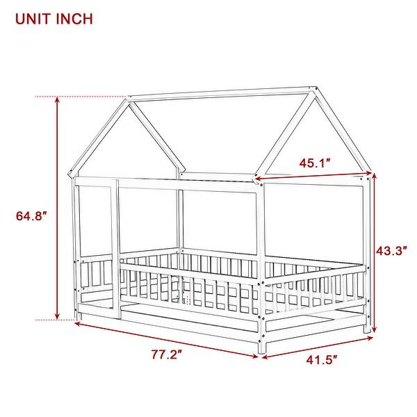 Twin Size Wooden Floor Bed with Roof Frame and Safety Guardrails, Natural