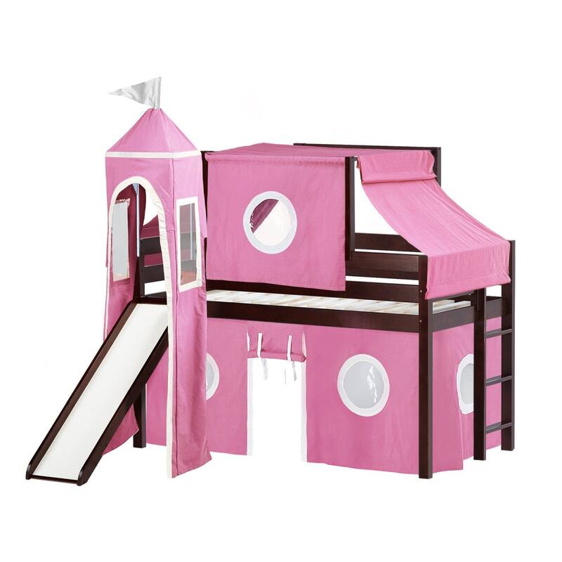 JACKPOT Prince & Princess Low Loft Twin Bed, Ladder Slide Tent & Tower