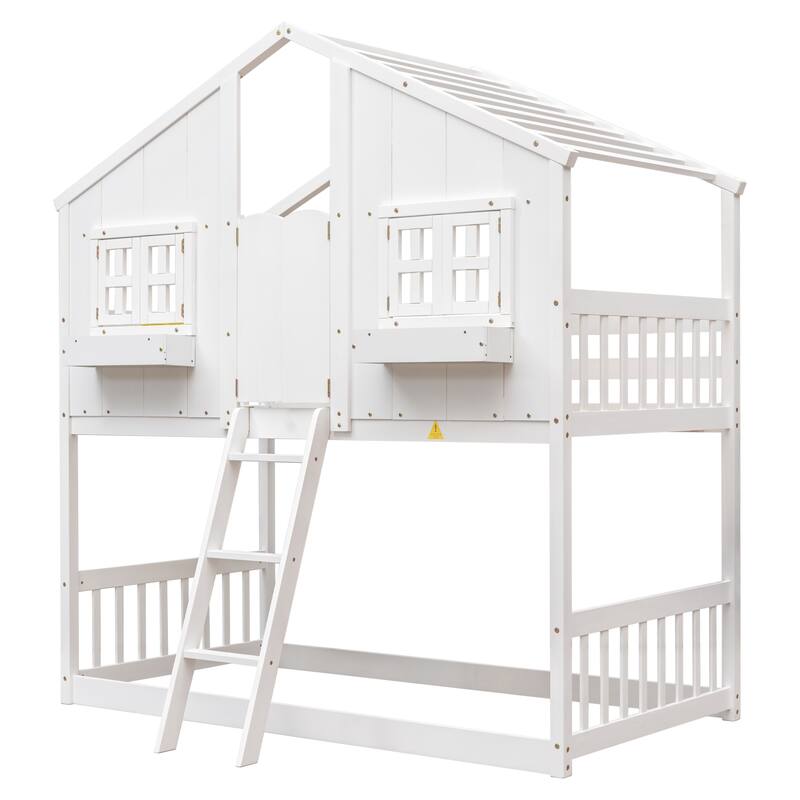Twin Wood House Bunk Bed with Roof & Safety Guardrails
