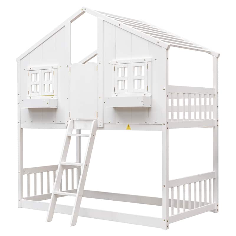 Twin over Twin House Bunk Bed with Roof , Window, Window Box, Door , with Safety Guardrails and Ladder, Grey