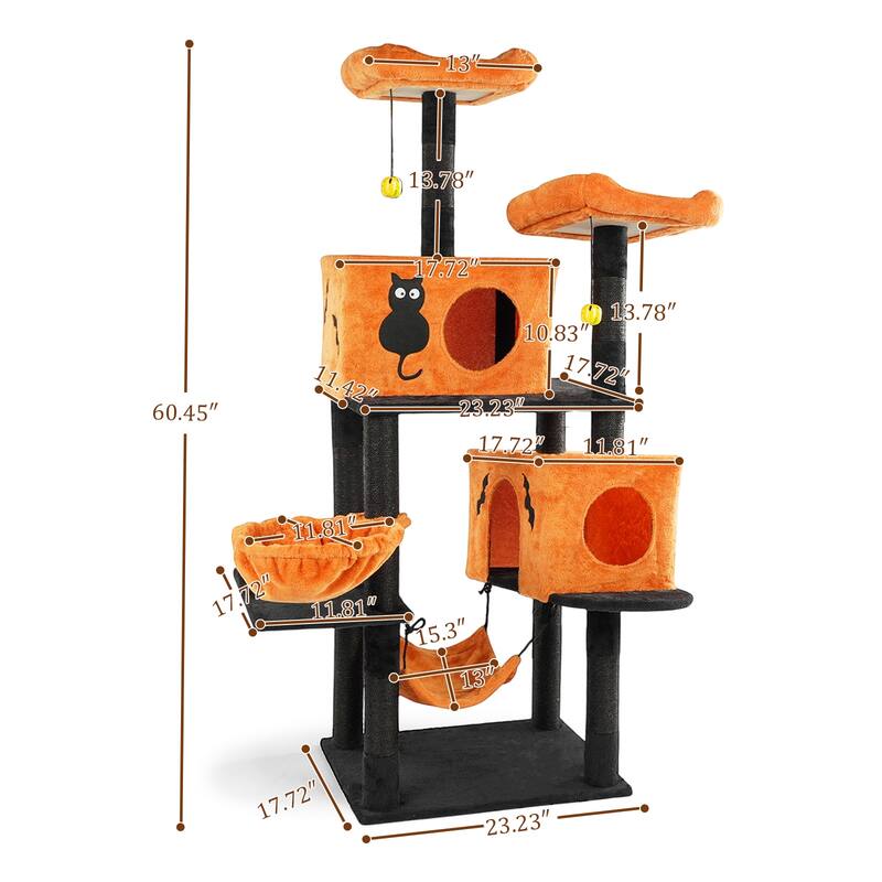 61" Cat Tree Tower with Condos, Perches, Hammocks & Scratching Posts