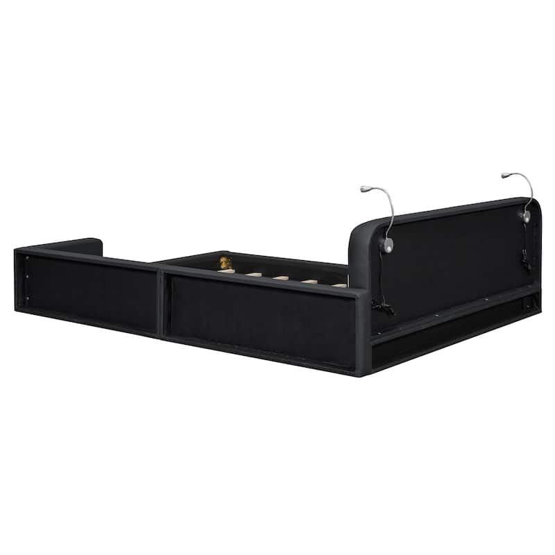 Queen PU Upholstered Bed with 2 Adjustable Reading Lights, Wood Platform Bedframe with Ergonomic Headboard, No Box Spring Needed