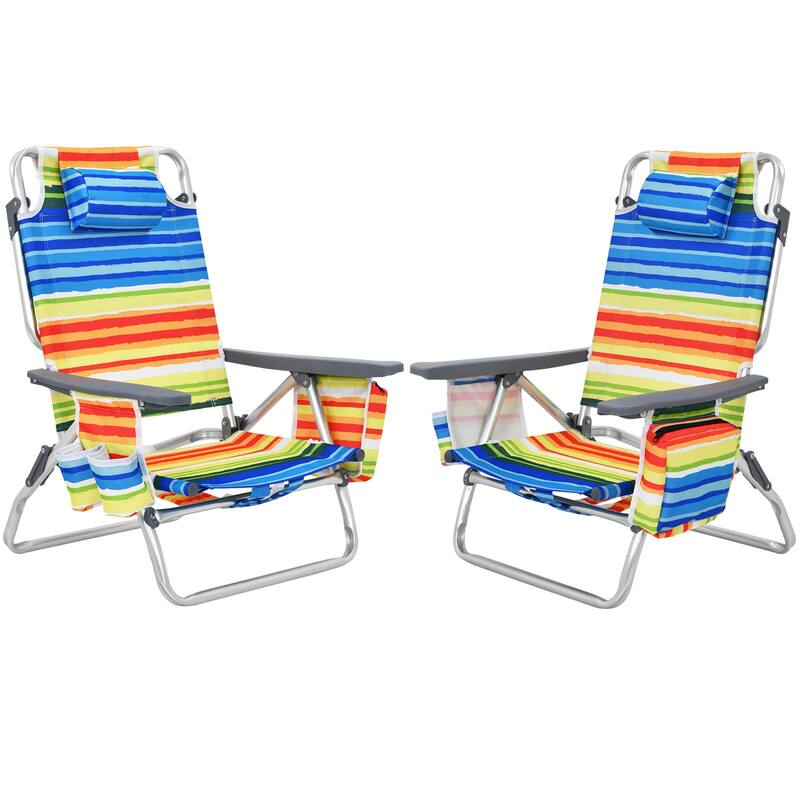 Gymax 2PCS Folding Beach Backpack Chair Reclining Camping Chair w/ - See Details - Blue+Orange+Yellow