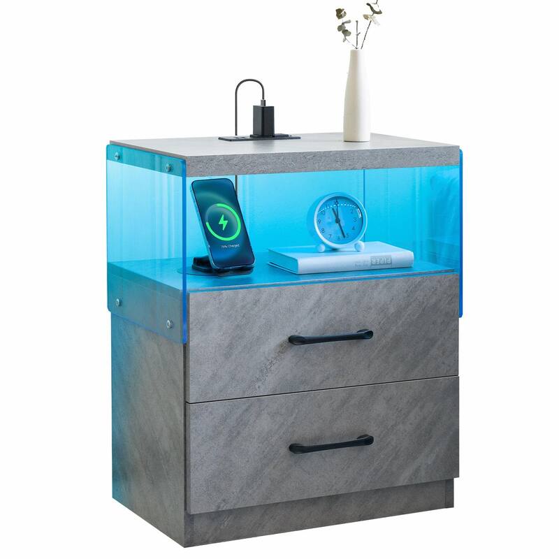 LED Nightstand with Adjustable Colors, 2 Drawers & Power Outlets - Grey
