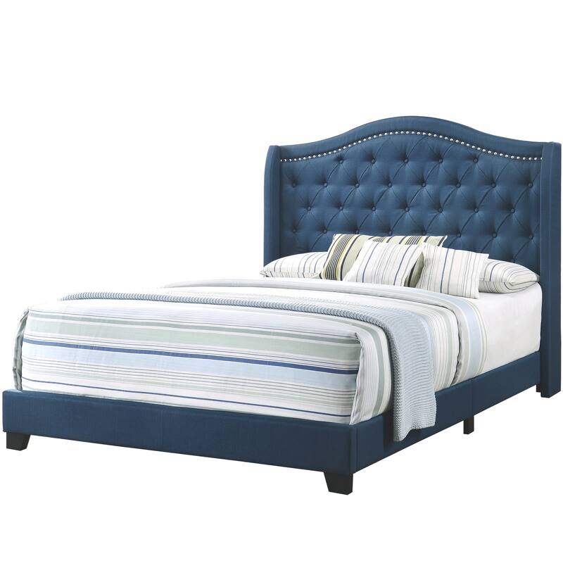 Modern Elegant Demi-Wing Design Button Tufted Blue Upholstered Bed