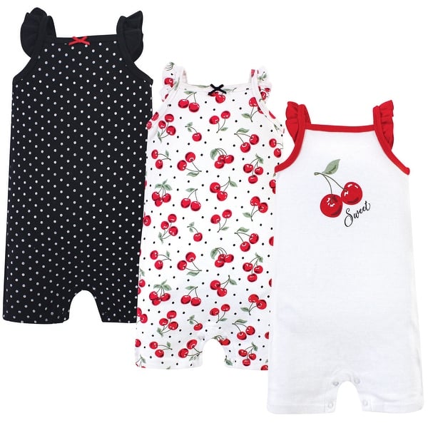 slide 1 of 1, Hudson Baby Infant Girl Cotton Rompers 3pk, Cherries 0 - 3 Months - Red