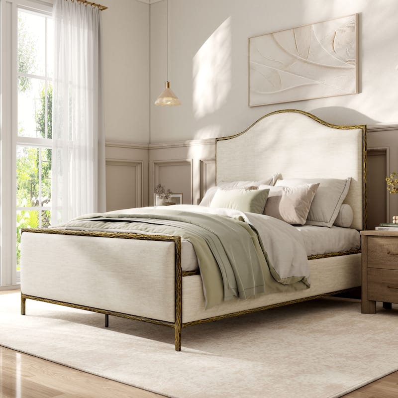 247 Shop At Home Lalia Modern Beige Upholstered Hammered Metal Camelback Bed - Matte Gold - Queen