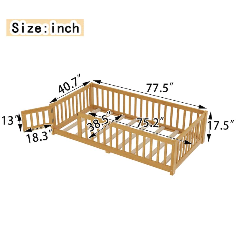 Montessori Toddler Floor Bed with Fence and Switchable Door, Low Profile Bed Frame with Removable Slats, Safe Transition Bed