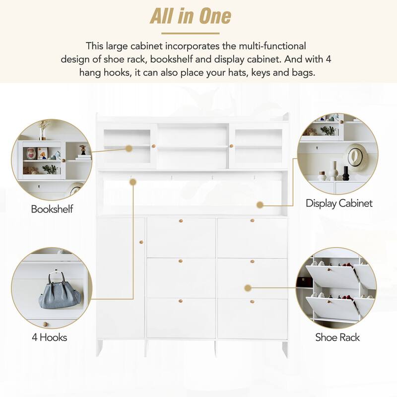 Large Hall Tree Shoe Rack Storage Cabinet with Tempered Glass Doors and 6 Flip Drawers for, Bedroom, Entryway, Porch Storage
