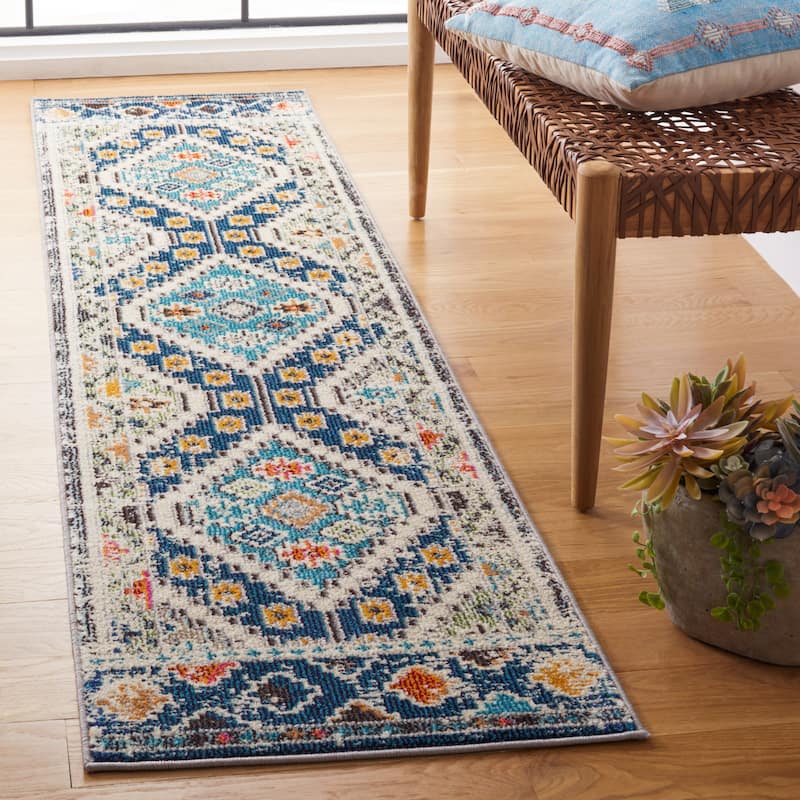 SAFAVIEH, Madison Hortensia Boho Diamond Distressed Rug - 2'2" x 6' Runner - Navy/Beige