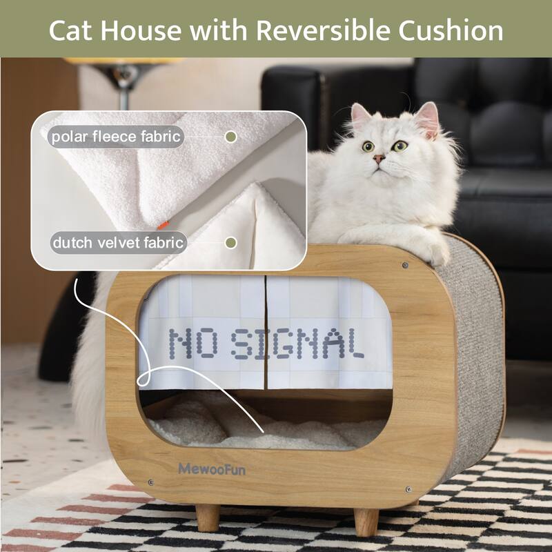 Wooden TV-Shaped Cat Bed, Cat House with Cushion - Multi