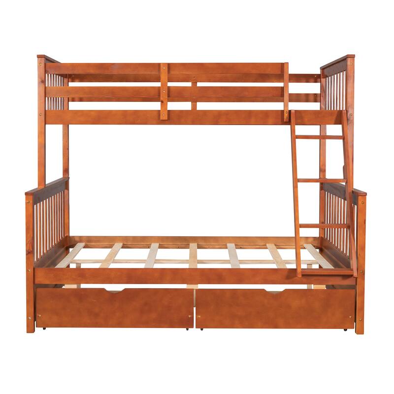 Twin-Over-Full Bunk Bed with Ladders and Two Storage Drawers in Walnut