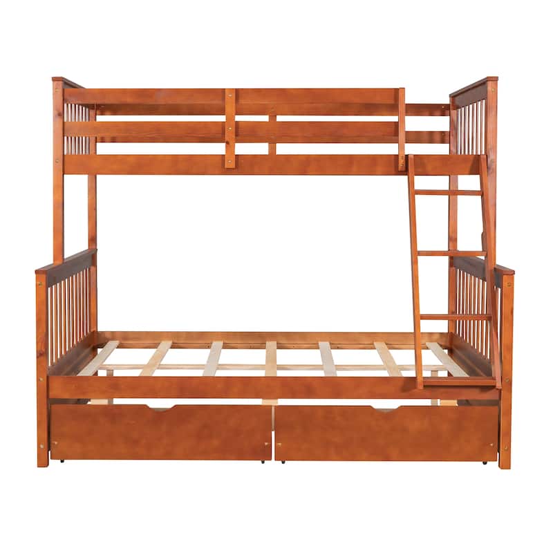 Twin Over Full Solid Pinewood Bunk Bed with Ladders and 2 Drawers, Divided Into Twin Size Upper Bed and Full Size Bottom Bed