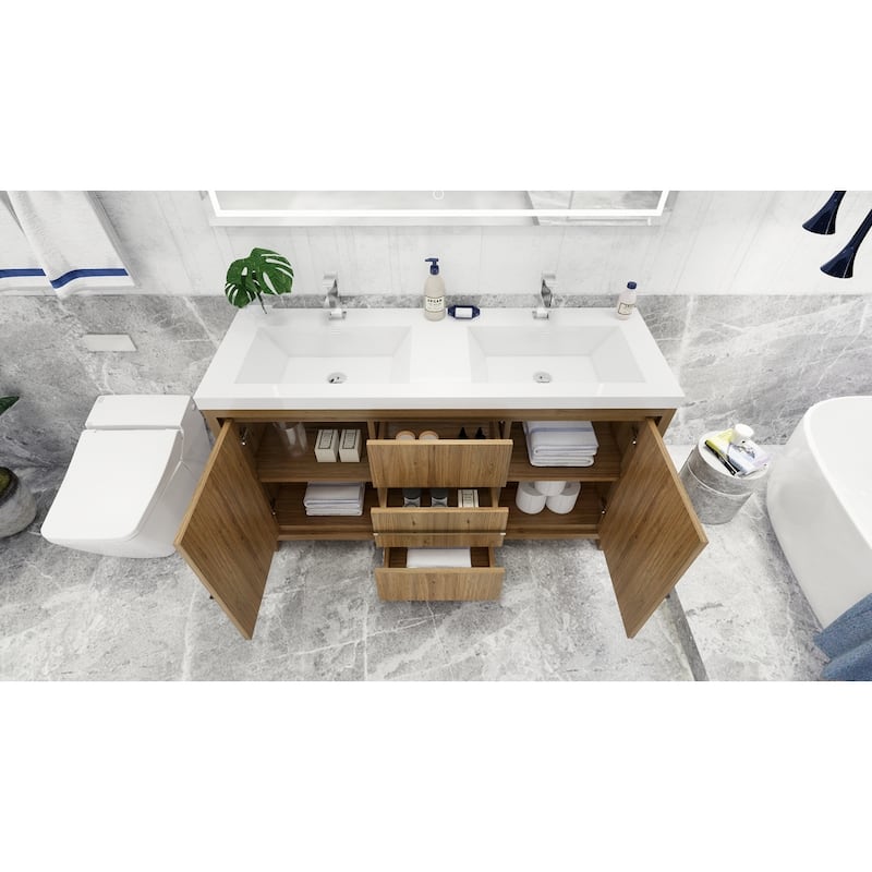 dolce 60 natural oak finish freestanding bath vanity with dual basin reinforced acrylic top