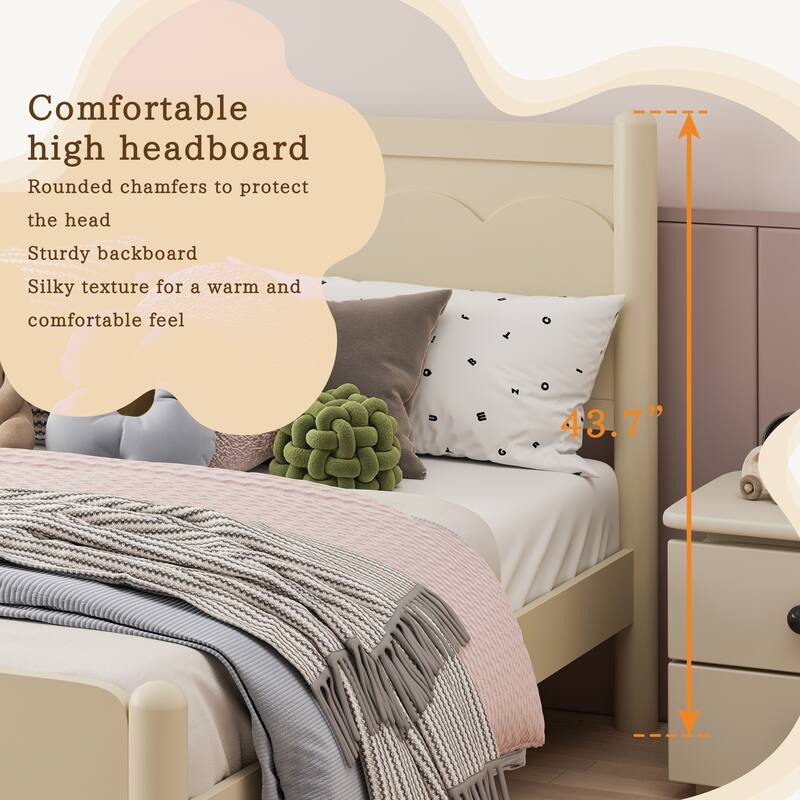 Wooden Platform Bed with Headboard, Solid Pine Kids Bed Frame, Wood Slat Support