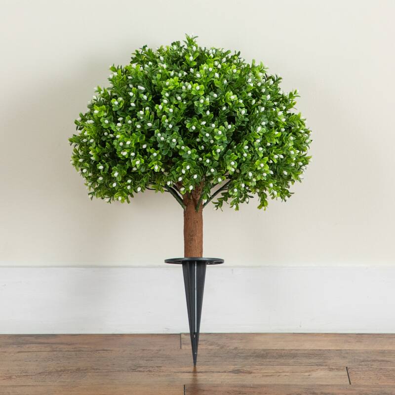 23-in UV Resistant Artificial Flowering Boxwood Topiary with Stake