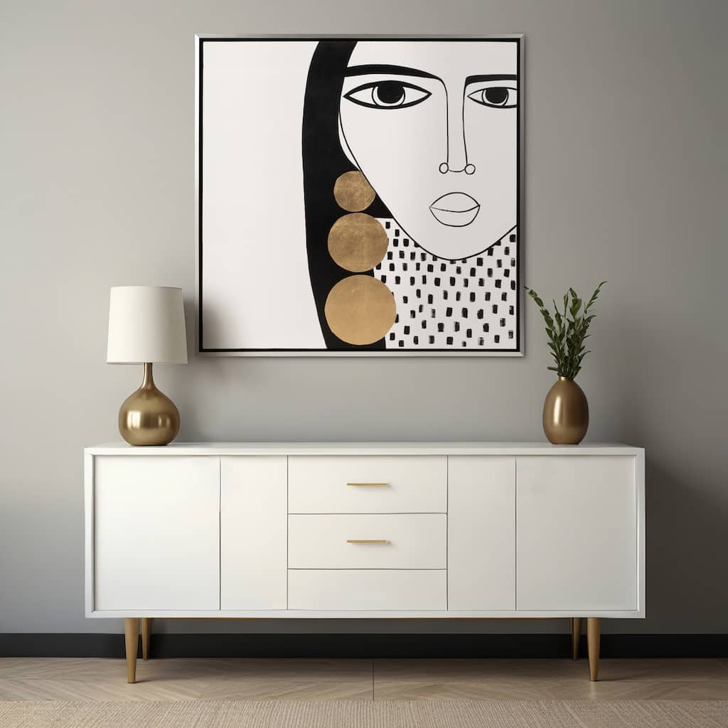 47X47 Hand Painted Gold Hoop Lady, Blk/Wht, , 47"H,