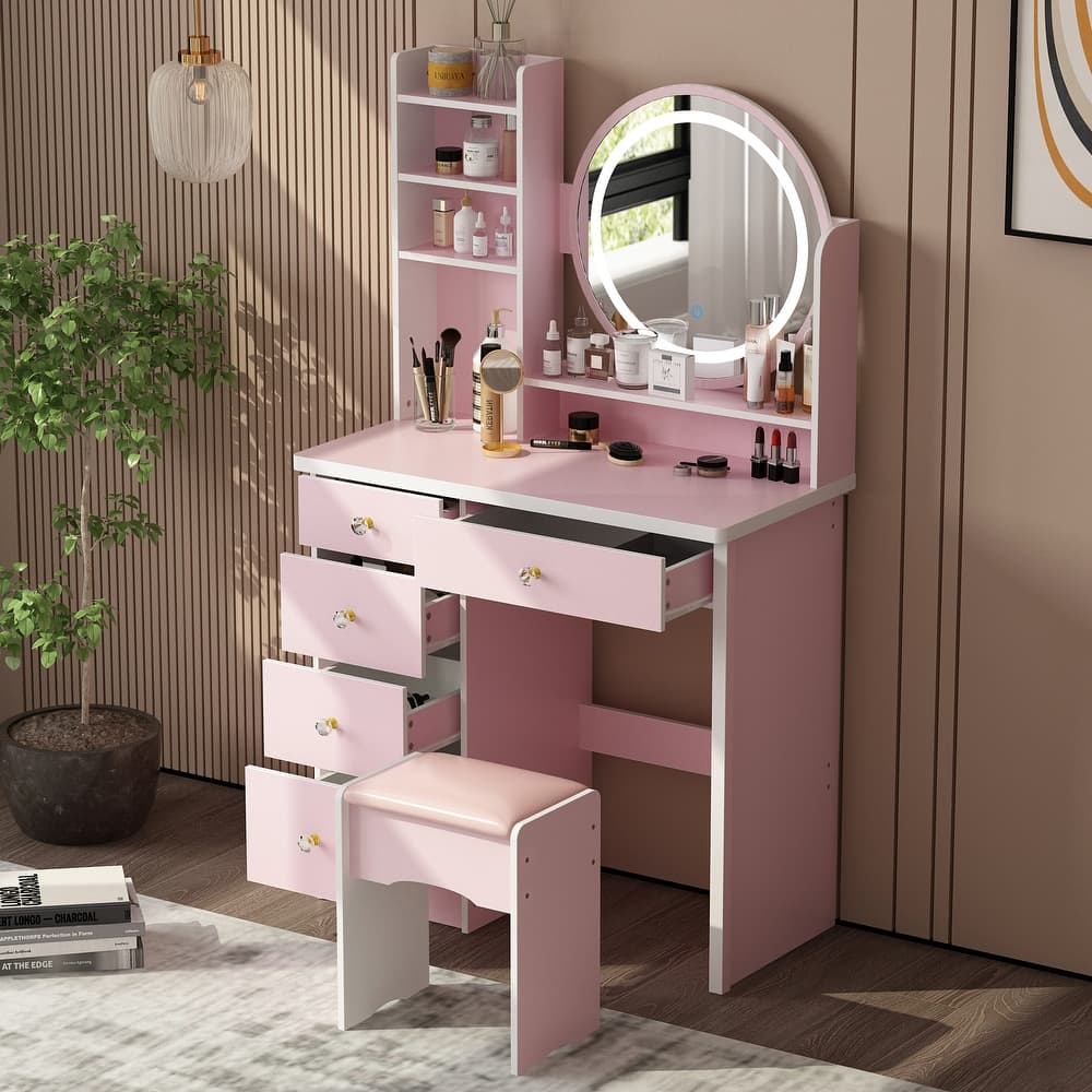 31.5'' W Makeup Vanity Set with Stool and Mirror LED Light Dressr