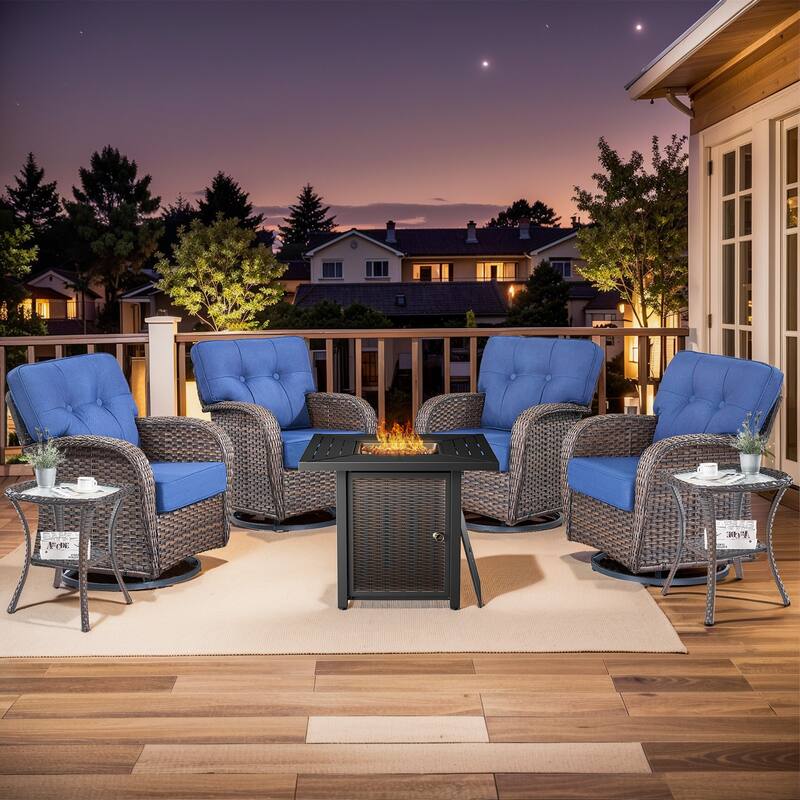 Pocassy Outdoor 30 In Fire Table with Sofa Patio Swivel Chair Set - Brown Wicker Blue Cushion - 6-Piece Swivel Chair Table with Fire Pit Table