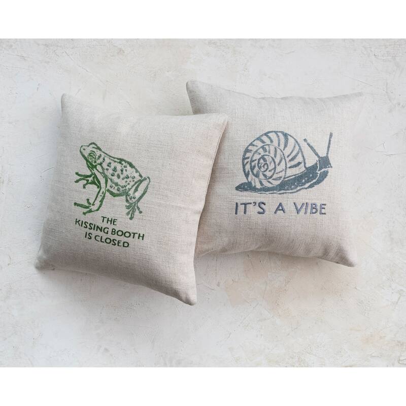 16" Linen Blend Pillow with Snail and "It's a Vibe" Embroidery - 16.0"L x 16.0"W x 0.3"H