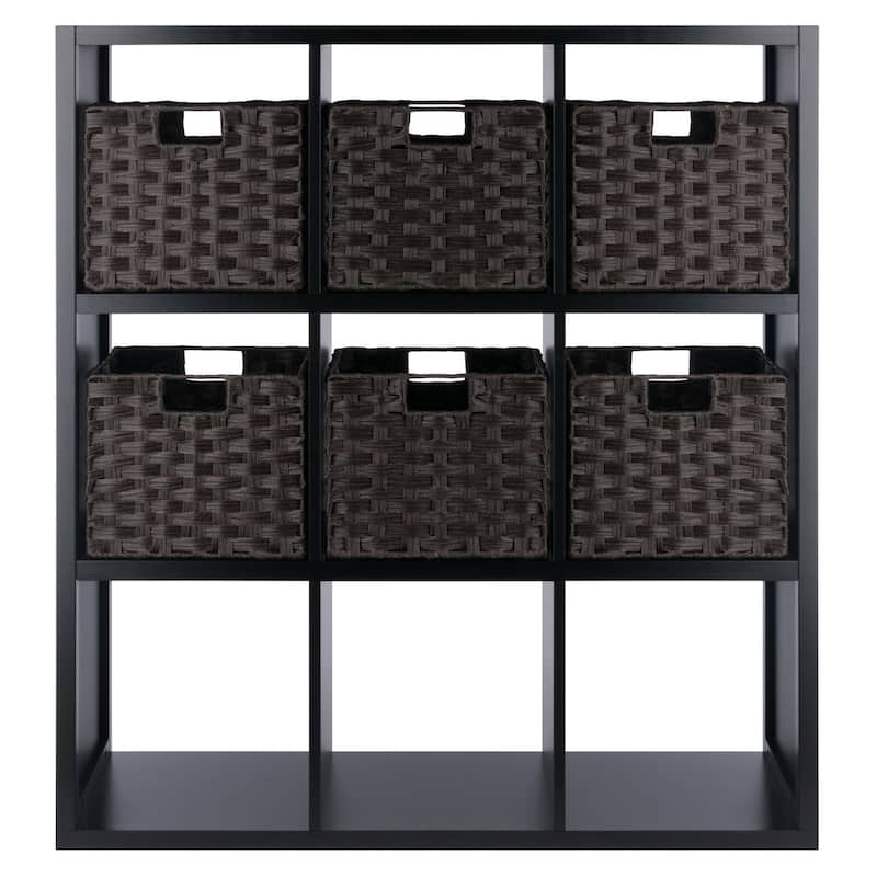 Timothy 7-Pc 3x3 Storage Shelf with 6 Foldable Woven Baskets, Black and Chocolate - 37.76 x 11.81 x 40.08 inches