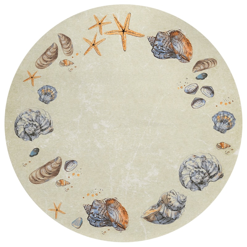 Indoor/ Outdoor Surfside Border Shells Washable Rug New - Oyster - 8' x 8'
