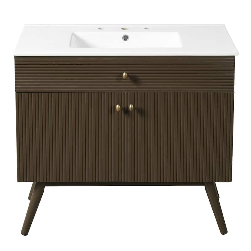 Christopher Knight Home - Modern Space Saving Striped Bathroom Vanity with Premium Ceramic Sink & Soft-Close Dual-Door Storage