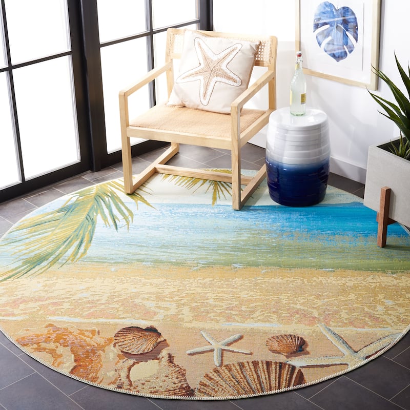 SAFAVIEH Barbados Liset Tropical Indoor/ Outdoor Waterproof Patio Backyard Rug - 6'6" Round - Gold/Blue