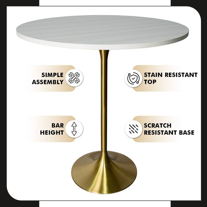 LeisureMod Verve 36" Round Dining Table with MDF Wood TableTop and Brushed Gold Base for Kitchen & Dining Room