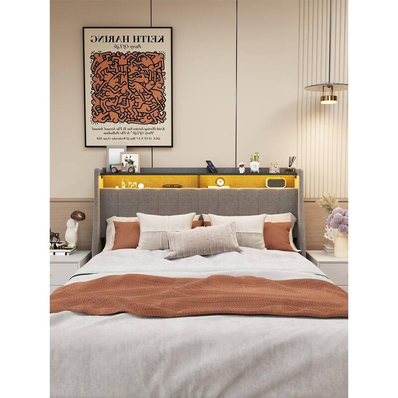 Stripe Upholstered Platform Bed with Wingback LED Headboard & 4 Large Capacity Sliding Drawer, Steel Slat Support Bed Frame