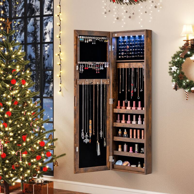 Wall Mounted or Door Hanging Jewelry Cabinet with Full Length Mirror and LED Lights - 12.5" x 3.7" x 42"