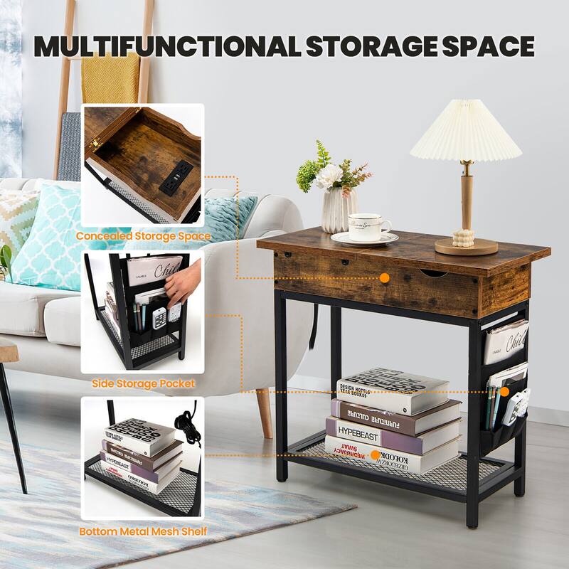 Gymax 2PCS End Table Charging Station Industrial Nightstand Flip Top