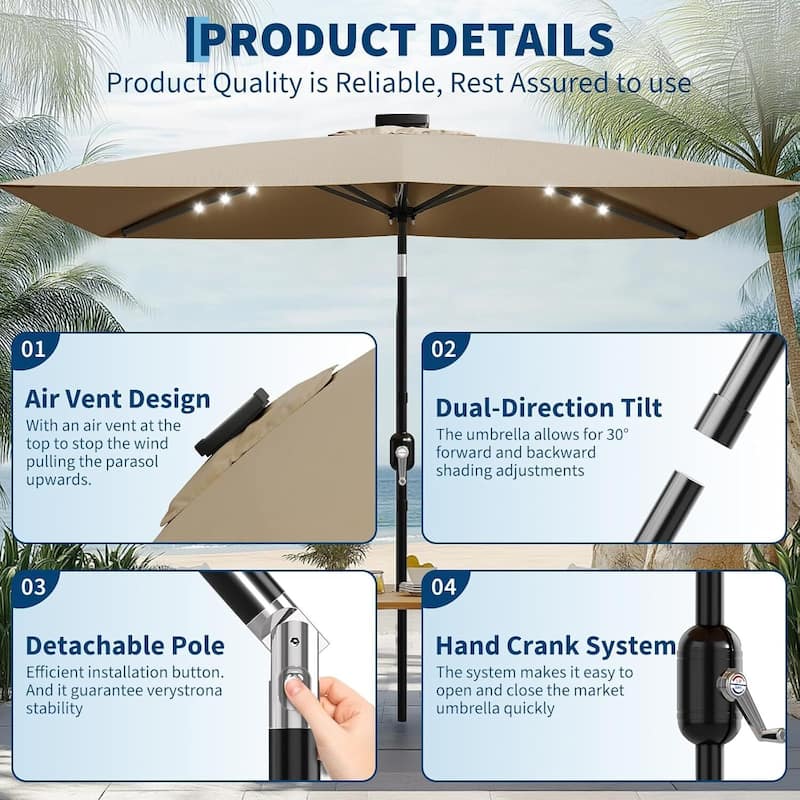 10' x 6.5' Solar Patio Umbrella with Crank and Push Button Tilt for Garden, Deck, Lawn, Pool with Lights (No Base)